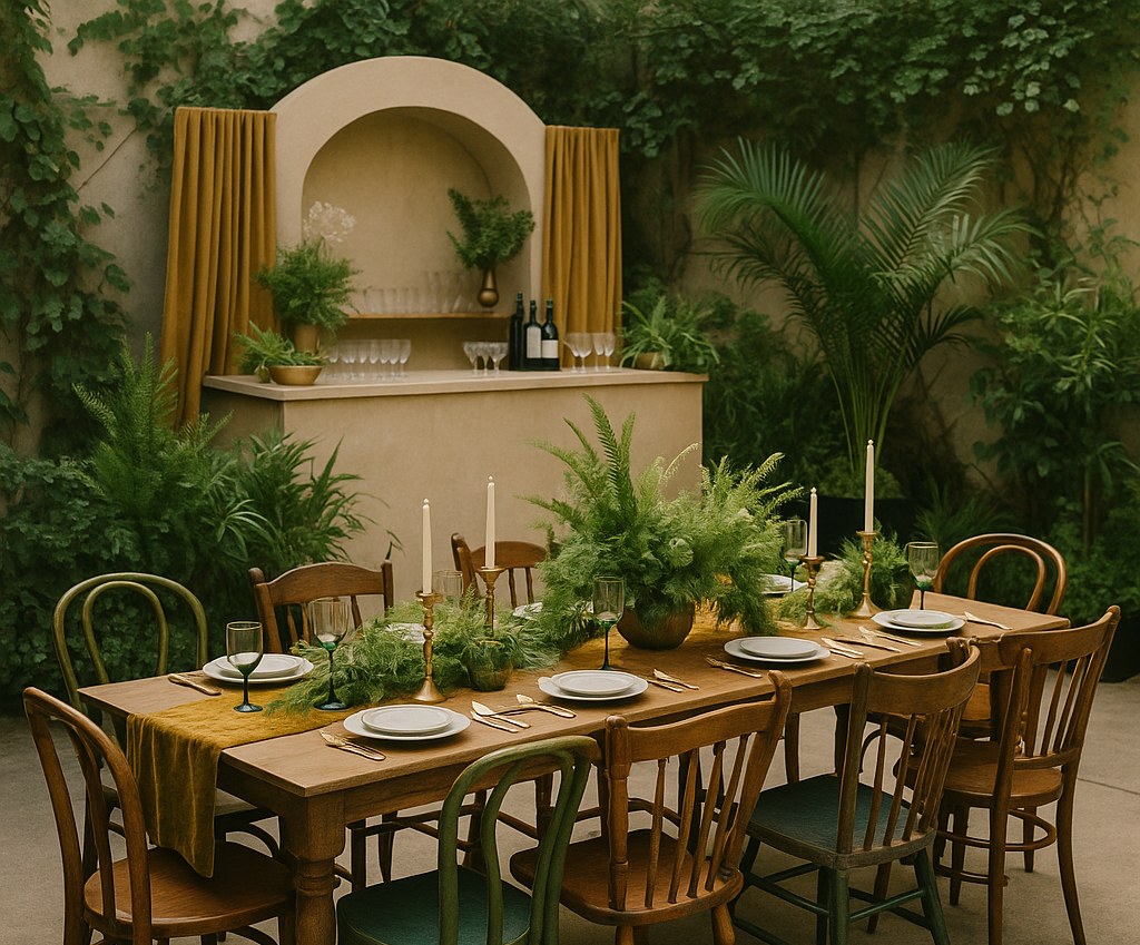 Dining table set for a meal with chairs around, plants in the background, and a bar area.